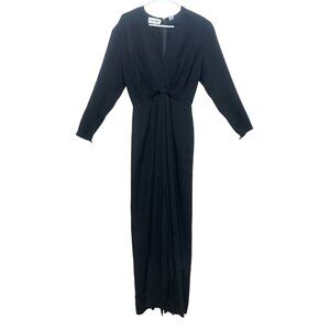 Vintage Albert Nipon 100% Silk Long Dress 6 Black V-neck Long Sleeves Morticia